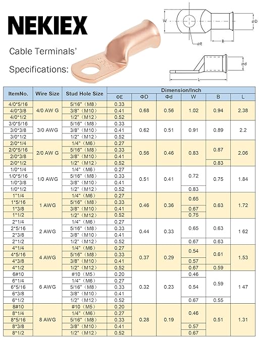 10PCS 8AWG - 3/8''Stud Heavy Duty Copper Terminals,Battery Cable Crimp Lugs,Battery Cable Ends,Bare Copper Eyelets Tubular Ring Terminals,Closed End Crimp Electric Connectors