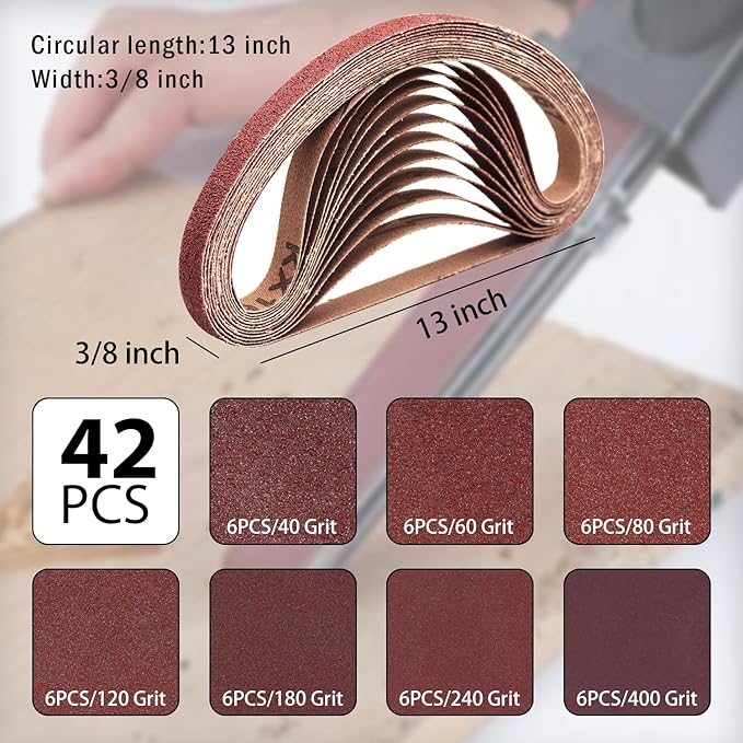 42 Pcs 3/8 x 13 Inch Sanding Belts,3/8x13 Sanding Belts Sandpaper for Air Belt Sander,6 Each of 40/60/80/120/180/240/400 Grits Abrasive File Belts for Wood Sanding and Metal Polishing