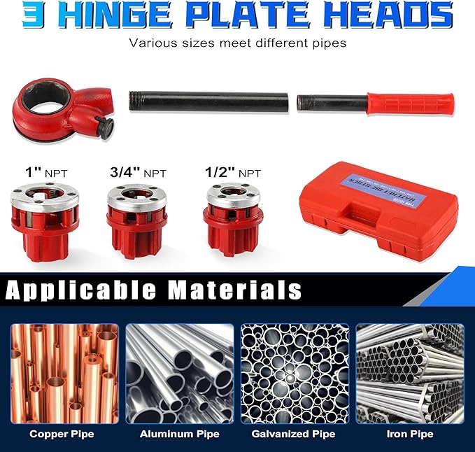 Pipe Threader Ratchet Kit， Manual Ratcheting Pipe Threading Tool Set with 3 NPT Dies 1/2" NPT, 3/4" NPT, 1" NPT,Portable Cast Iron Pipe Threading Set for Galvanized Aluminum Iron Copper PVC Pipes