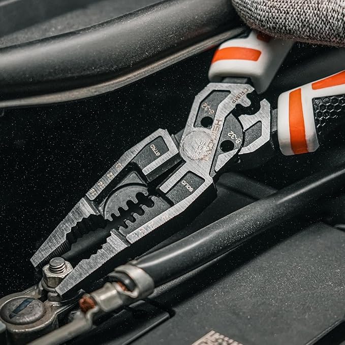 VANQUISH 10-in-1 Long Nose Pliers, 8‘’ Multipurpose Combination Pliers Wire Cutter/Crimper/Stripper, CRV Steel, Heavy Duty Side-Cutting Pliers for Crimping, Stripping, Shearing, Deburring, 3239