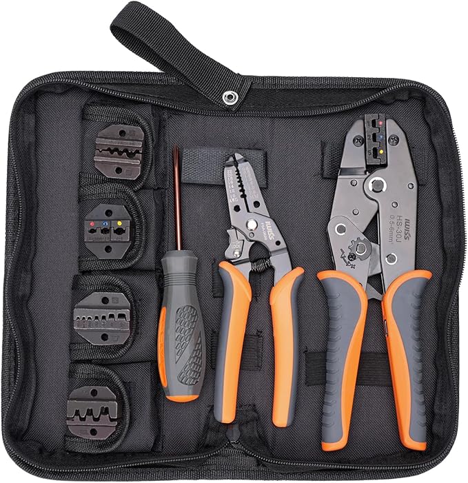 iCrimp Ratchet Wire Crimping Tool Set, 5 Interchangeable Jaws for Heat Shrink,Insulated Nylon,Non-Insulated Terminals AWG20-2, Wire Stripper included