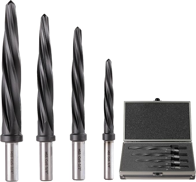 4pcs Bridge/Construction Reamer Set, 3/8", 1/2", 5/8", 3/4”, M35 HSS Taper Chucking Reamer Drill Bit for Steel Alloy Aluminum Metal Wood Plastic, 3/8" or 1/2" Shank, to Enlarge/Align Holes