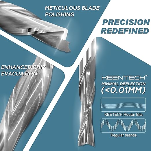 KEENTECH 1/2" Shank Downcut 2 Flute Flat Tip Sprial Router Bit for CNC Router Machine, 1/2" Cutting Diameter, 1-1/4" Cutting Depth, for Wood Cutting, Custom Furniture, Slot Mortise, Engraving