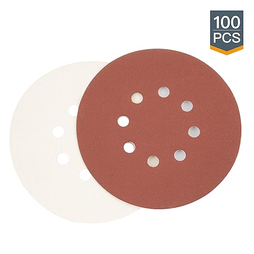 POWERTEC 45100, 100 Pack, 6"x 8 Holes, A/O Hook & Loop Sanding Disc | 40, 80, 120, 220, 320, Assorted Grits, Red