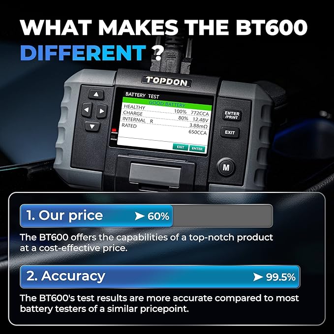 Car Battery Tester, TOPDON BT600 12V, 12V/24V Cranking Tests and Charging Alternator Load 100-2000CCA Digital Battery Voltage Tester, 3.5" Screen with Built-in Printer