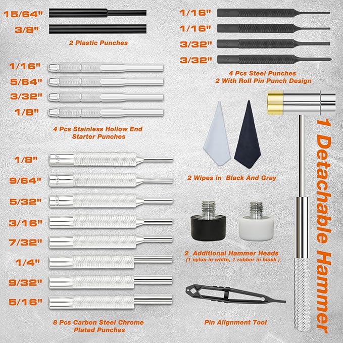 BESTNULE Punch Set, Punch Tools, Roll Pin Punch Set, Made of Solid Material Including Steel Punch and Hammer, Ideal for Machinery Maintenance with Organizer Storage Container (Without Bench Block)