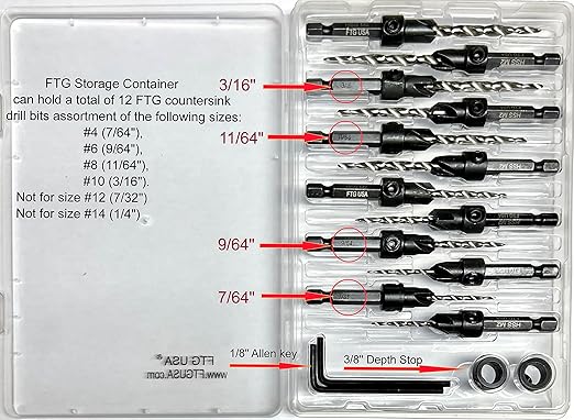 FTG USA Countersink Drill Bit Set for Wood with Tapered Drill Bit - #4 (7/64"), #6 (9/64"), #8 (11/64"), #10 (3/16")