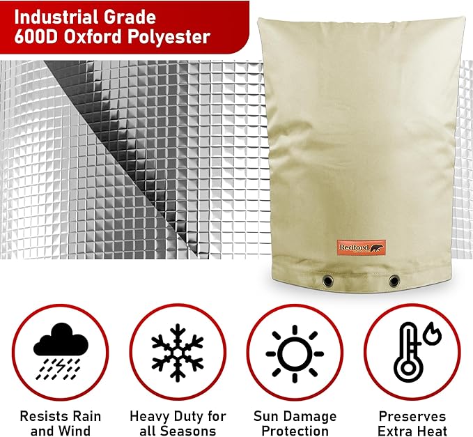 Redford Supply Co. Cold Snap (5°F) Backflow Preventer Insulation Cover, 16"W x 26"H, Pipe Insulation, Water Sprinkler Covers for Outside, Sprinkler Backflow Cover for Winter, Well Pump Bag (Beige)