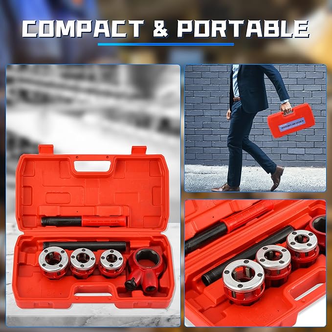 Pipe Threader Ratchet Kit， Manual Ratcheting Pipe Threading Tool Set with 3 NPT Dies 1/2" NPT, 3/4" NPT, 1" NPT,Portable Cast Iron Pipe Threading Set for Galvanized Aluminum Iron Copper PVC Pipes