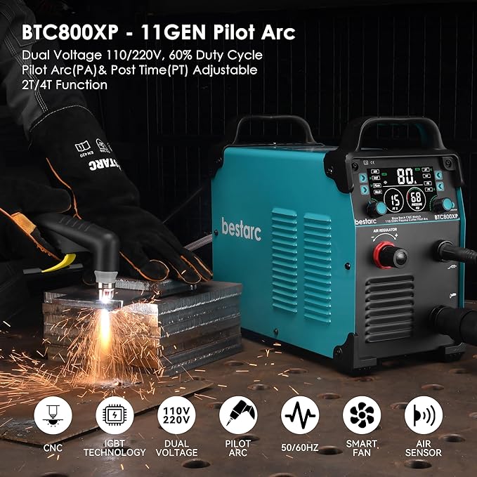 Plasma Cutter, [Blow Back Pilot Arc][Large LED][Air Sensor] 80Amp Non-HF CNC bestarc Plasma Cutter Machine 110V/220V Dual Voltage, 5/8" Clean Cut 1.57" Max Cut, PA/PT, 2T/4T for Beginners DIY