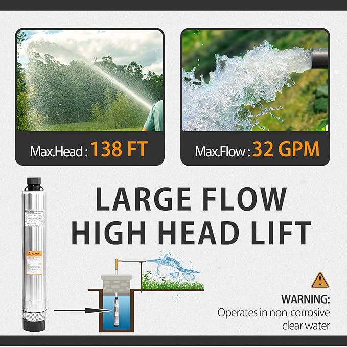 WASSERMANN 4" Septic Submersible Effluent/Cistern Bottom Suction Pump With 33FT Cable, 1/2HP, 230V/60HZ, 26GPM, 138FT Head, Stainless Steel Deep Well for Septic Tank Home