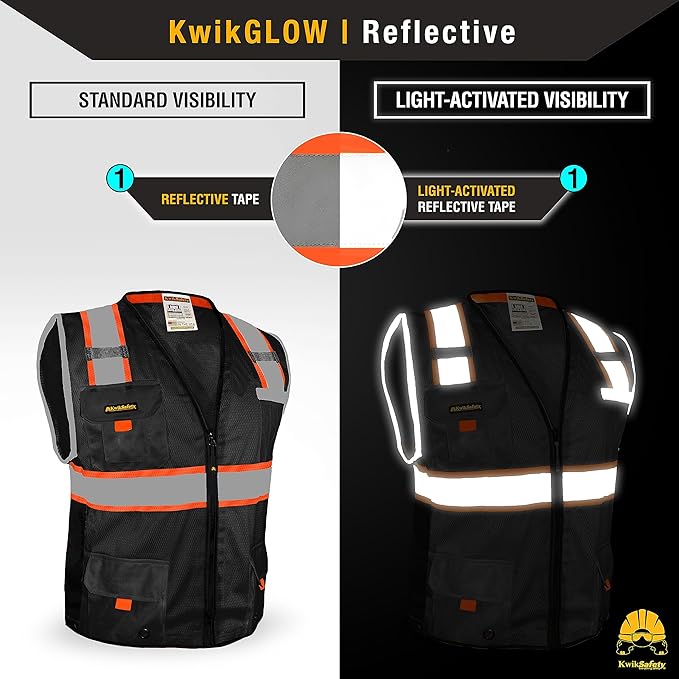 KwikSafety - Charlotte, NC - UNDERBOSS Safety Vest [11 POCKETS] Premium ANSI Class Unrated High Visibility Vest Construction Surveyor Reflective Vest Industrial Work Safety Vest for Men/Black XL