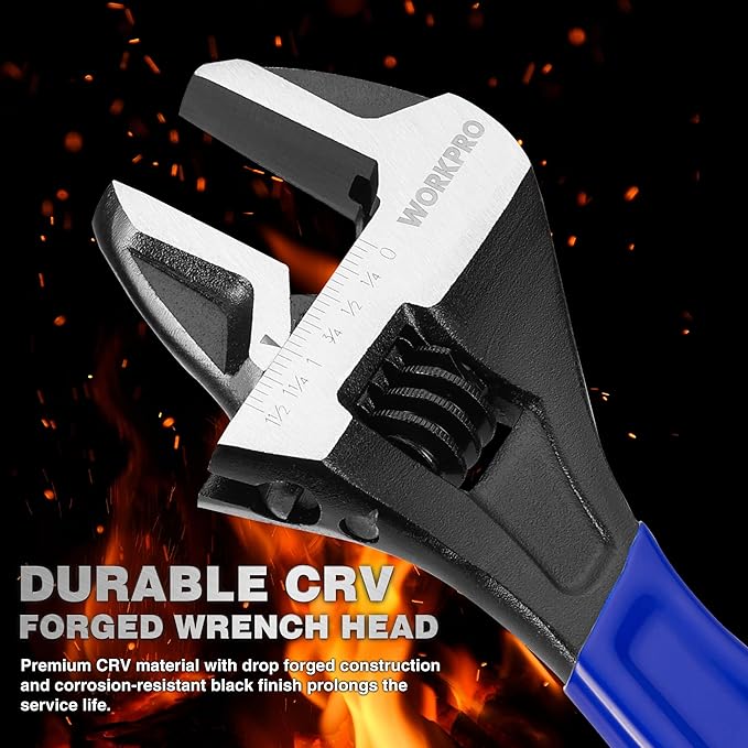 WORKPRO 5-piece Adjustable Wrench Set, 4-Inch & 6-Inch & 8-Inch & 10-Inch & 12-Inch Wrenches, Wide Jaw Black Oxide Wrench, Metric & SAE Scales, Cr-V Steel, for Home, Garage, Workshop