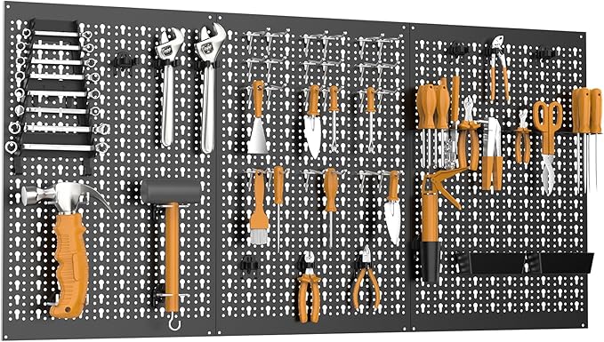 TORACK 3Pcs Metal Pegboard Panels for Garage Wall Utility Tools Storage Pegboard for Workbench, Modular Peg Board Tool Organizer Board Kit(Pack of 3, Black)