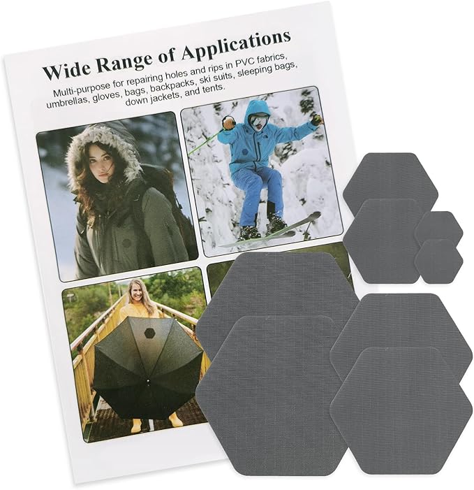 J.CARP 8PCS Nylon Repair Patches, Self Adhesive & Waterproof Patches, Nylon Repair Patches for Down Jacket, Clothing, Holes, Tents, Sleeping Bags, Umbrella, Etc(Grey)