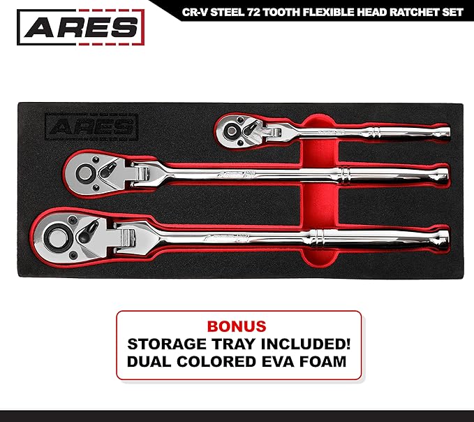 ARES 42028 - Flex Head Ratchet Set - 3-Piece 72-Tooth Ratchet - Premium Chrome Vanadium Steel Construction & Chrome Plated Finish - 72-Tooth Quick Release Reversible Design with 5 Degree Swing