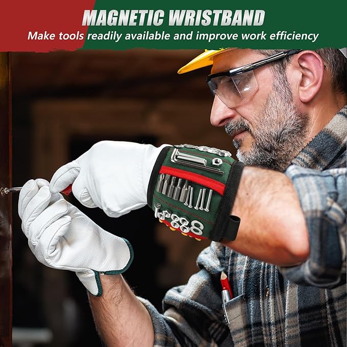 Magnetic Wristband for Tools, Tool Belt Wrist Band with 15 Powerful Magnet, Adjustable Wrist Screws Holder, Gifts for Men, Him, Dad, Fathers Day, Mechanics, Woodworker, Handyman