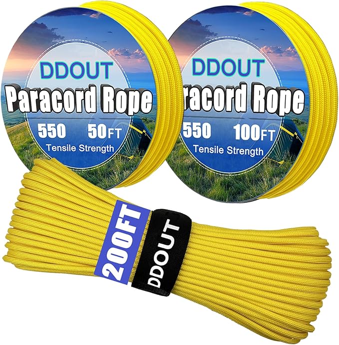 Paracord Nylon Rope Yellow 200ft with 7-Strand Core, 10 Colors and 50/100/200 ft, Type III Parachute Cord 4mm for Camping, Survival, Hiking, DIY, Crafting, Outdoor Utility Rope