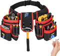 Tool Belt,Magnetic Tool Pouch,27-Pockets Heavy Duty Padded Tool Belts for Men,Detachable & Adjustable Tool Pouch Bag for Electrician,Carpenter,Construction,Work Apron,Utility Belt,Black,Red