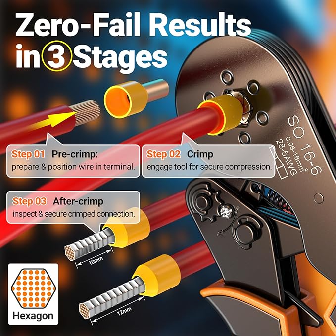Preciva Ferrule Crimping Tool Kit, Self-Adjustable Ratchet Crimper for AWG 28-5 Ferrules - Includes 1275PCS Hexagonal Double & Single Wire Connectors