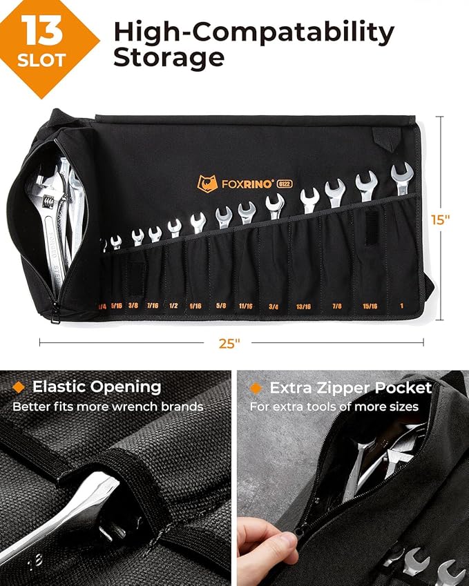 Wrench Roll, Wrench Roll Up Pouch, Gifts for Men Father Dad Mechanic, Heavy Duty Canvas Wrench Organizer Bag (Black, 13+1 SAE)