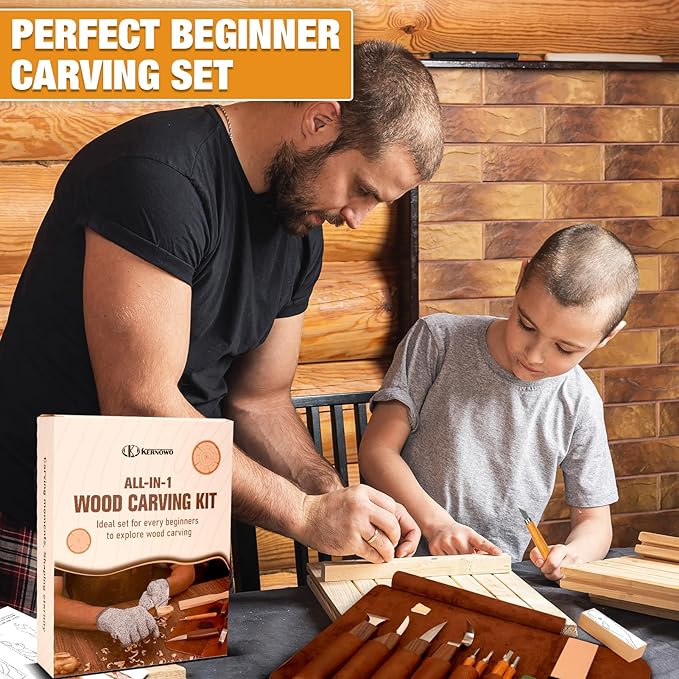 Wood Carving Kit, 24Pcs Wood Carving Tools with PU Storage Bag, Wood Whittling Knife Kit with 4pcs Templates & 6pcs Basswood Blocks for DIY Beginners