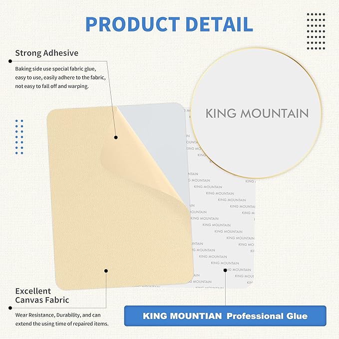 KING MOUNTAIN Canvas Repair Patch 9 x11 Inch 2 Pcs Self-Adhesive Waterproof Fabric Patch for Sofas, Tents, Furniture,Tote Bags, Car Seats (Beige2.0)