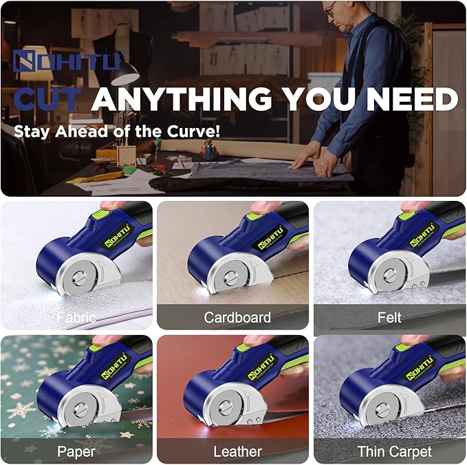 Cordless Electric Scissors: 4V Rechargeable Rotary Cardboard Cutter, 3000mAh Battery, with LED Light, 2 Blades, Box Cutter for Fabric Carpet Carton Plastic Leather Cloth (Blue)
