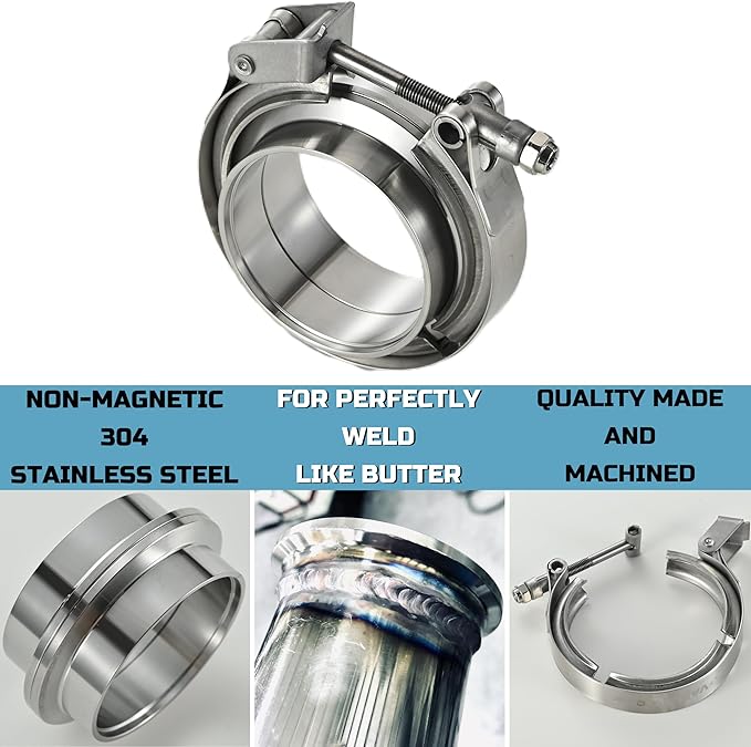 Quick Release Stainless Steel 2.5 V Band Clamp with Male Female V Band Flange for Exhaust, Turbocharger, Turbo or Downpipe, Sold In Pair (2.5''), Silver