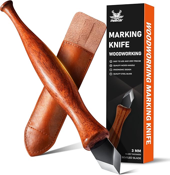 RAVS Marking Knife Woodworking and Leather Sheath, Double Bevel Striking Woodworking Marking Knife, Rosewood Handle Scribing Knives with Leather Sheath, High Carbon Steel Blade with Titanium Coating
