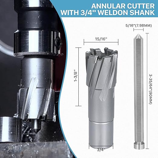 KEENTECH Carbide-Tipped Annular Cutter, 15/16" Diameter x 1-3/8" Depth, 3/4" Weldon Shank (2 Flat), High Speed Cutting TCT Mag Drill Bit with Pilot Pin for Harder Material, Stainless Steel, Cast Iron