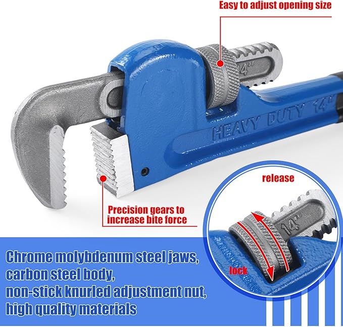 Gisafai 8" 10" 12" 14" 18" 24" Straight Heavy Duty Pipe Wrench Set Plumber Adjustable Water Alloy Steel Grip Plumber's Wrench Plumbing Tools, Blue