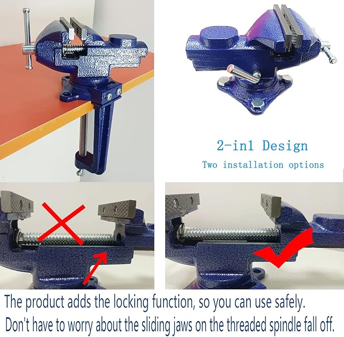 2-in-1 Dual-Purpose Combined Bench Vise or Table Vise, With end-point locking device, Portable Universal Rotate 360° Work Clamp-On Vise, 3.0" Blue