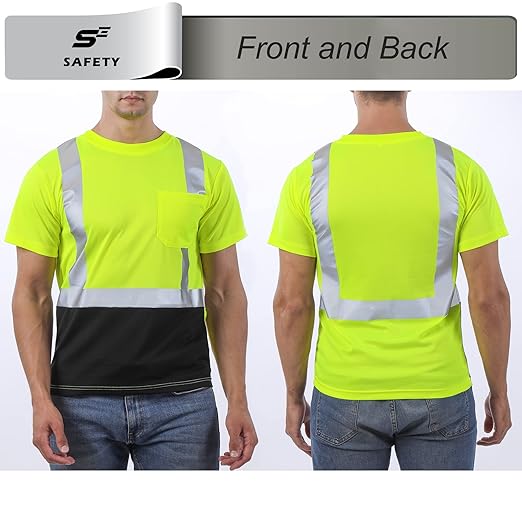 sesafety Hi Visibility Shirts for Men, Safety Shirts with Reflective Strips Class 2, Hi Vis Construction Work Shirt with Pocket Yellow L