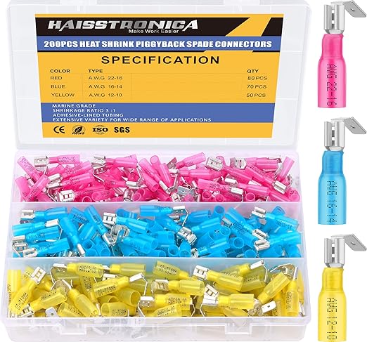 haisstronica 200PCS Heat Shrink Piggyback Spade Connectors, 22-10 AWG Piggyback Wire Connectors, Quick Disconnect Piggyback Terminals (3Colors/3Sizes)