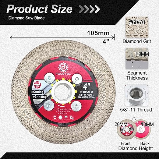 Diamond Tile Saw Blade - 4''(105mm) Cutting & Grinding Disc Wheel with 5/8"-11 Flange for Porcelain Ceramic Tile Marble Granite Artificial Stone with X Mesh Rim for Angle Grinder