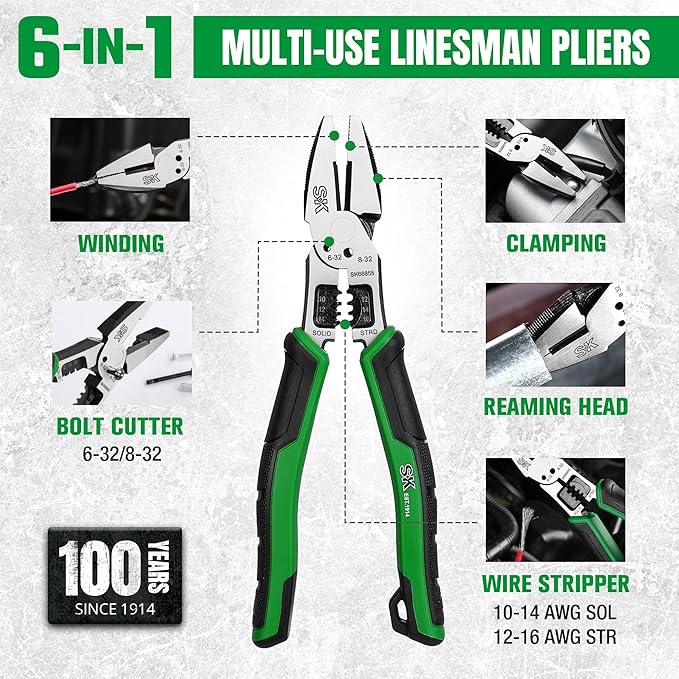 SK 8-Inch Multi-use Linesman Pliers, 6 IN 1, Premium CR-V Steel Construction, Ergonomic Anti-slip Handle for Comfortable Grip