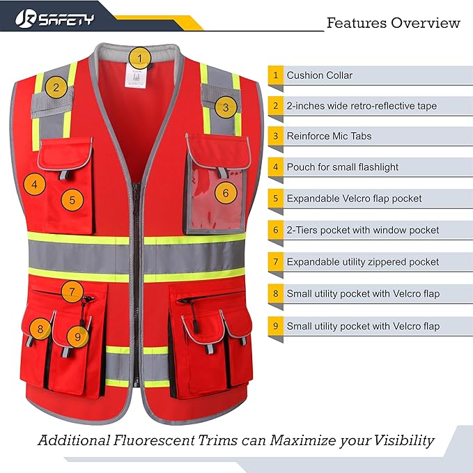 JKSafety 10 Pockets Hi-Vis Zipper Front Fluorescent Red Safety Vest | Cushioned Collar | High Reflective Tapes with Extended Neon Yellow Strips | Meets ANSI/ISEA Standards (Medium, 89-Red)