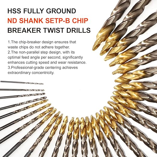 COMOWARE 29Pcs Stepped Point Drill Bit Set, 1/16" – 1/2" Drill Bit Index, HSS M2 Jobber Drills Bits, No Pre-Drilling, Titanium-Coated, 3-Flat Shank, Drills Bits Set for Metal/Plastic/Acrylic/Wood