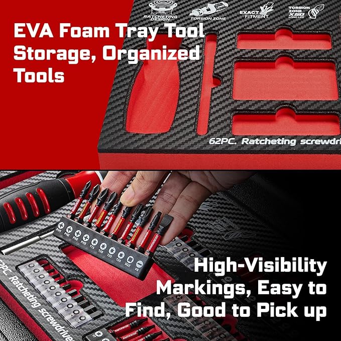 62Pieces Ratcheting Screwdriver Set, 12-in-1 Multi-bit Magnetic Screwdriver Quick-Load Mechanism, S2 Steel Phillips, Slotted, Torx, Square Bits, Impact Bit Holder with Eva Foam Storage Tray