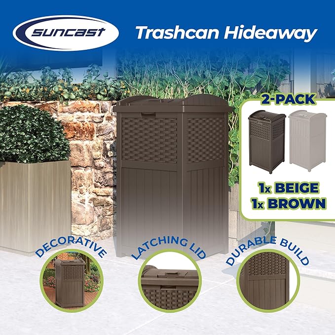 Suncast 33 Gallon Trash Hideaway Easy Assembly Durable Plastic Garbage Container with Wood Look Design, 1 Beige and Brown (2 Pack)