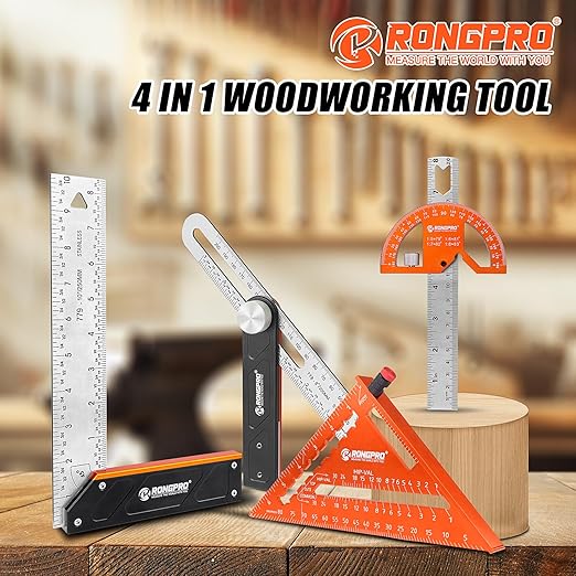 4Pcs Woodworking Tools -7''Aluminum Rafter Square,12''Adjustable Protractor Angle Finder,10'Woodworking Square Ruler and T-Bevel Gauge-1/16 Precision…