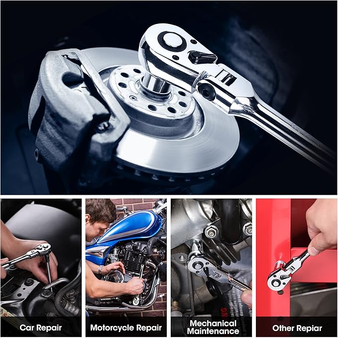 WORKPRO 1/2" Drive Flex Head Ratchet 72-Tooth Ratchet Flex Head with Chromium Plating Quick Release Reversible Design, 5 Degree Swing