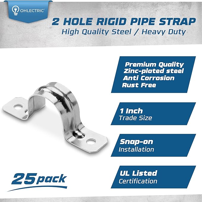 OHLECTRIC Heavy Duty Pipe Strap (25 Pack - 1 Inch) Zinc Plated Conduit Clamps, 2 Hole Steel RIGID Pipe Strap U Bracket, Zinc Coated Tension Tube Clip, Metal Pipe Clamp for RIGID Conduits