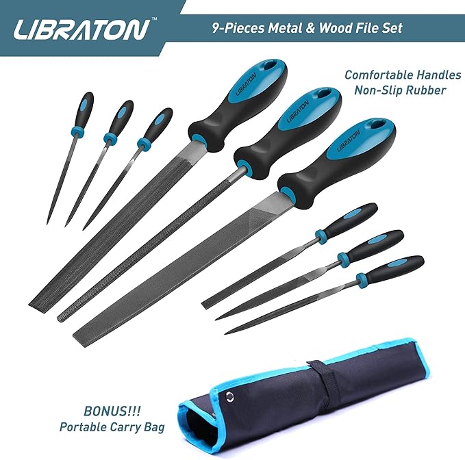 LIBRATON Metal Files - 9pc Set, Needle, Flat, Round, Half-Round Files for Metal & Woodworking