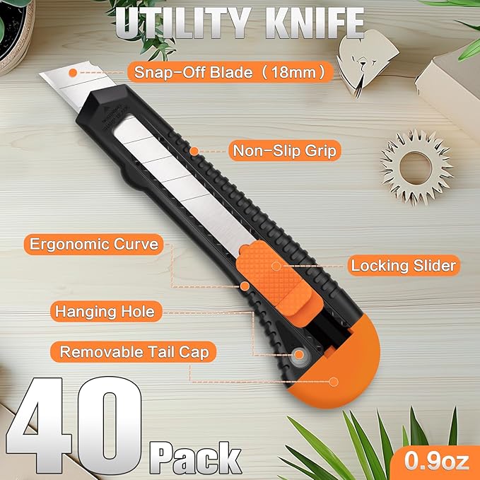 40 Pack Box Cutter Retractable Bulk, Box Cutters, Utility Knife, Box Cutter for Paper, Cardboard, Plastic, Leather, Razor Knife, 18mm Wide Blade,Retractable Heavy Duty