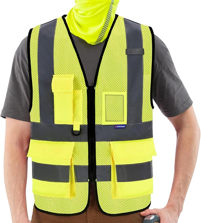 A-SAFETY High Visibility Mesh Safety Reflective Vest with Pockets and Zipper,Hi Vis Viz Reflective Safety Vest(Yellow Mesh 4XL-5XL)