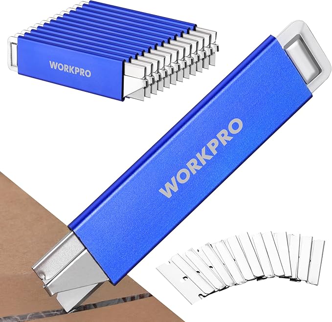 WORKPRO 12-Pack Box Cutter Retractable - Utility Knife with Single Edge Razor Blade - Razor Knife Box Opener Cardboard Cutter with Metal Sheathes- Extra 12-Pack Razor Blades for Replacement - Blue