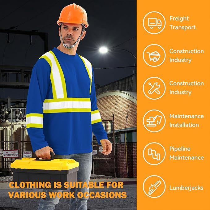 Hi Vis Safety Long Sleeve Shirts，High Visibility Class 3 T Shirts with Reflective Strips and Pocket, Quick Dry Mesh Construction Work Shirt for Men/Women (Blue,M)