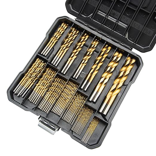 SAE 99PCS Titanium Coated Drill Bit Set, 135° Tip High Speed Steel, Twist Drill Bit Set with Storage Case for Aluminum, Copper, Soft Alloy Steel, Wood, Plastic Size from 1/16" to 3/8"